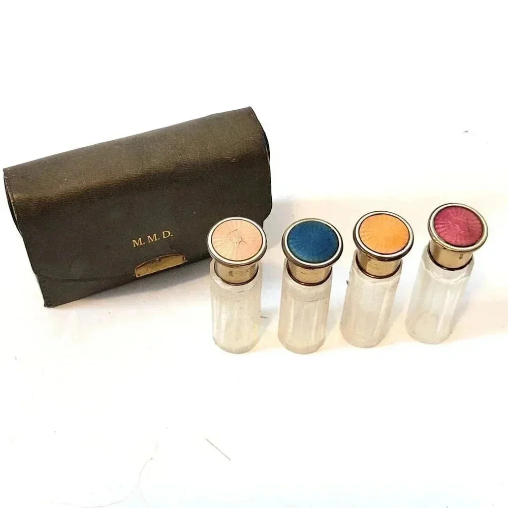 Guilloche Enamel Perfume Bottle Set Case Antique Engraved MMD